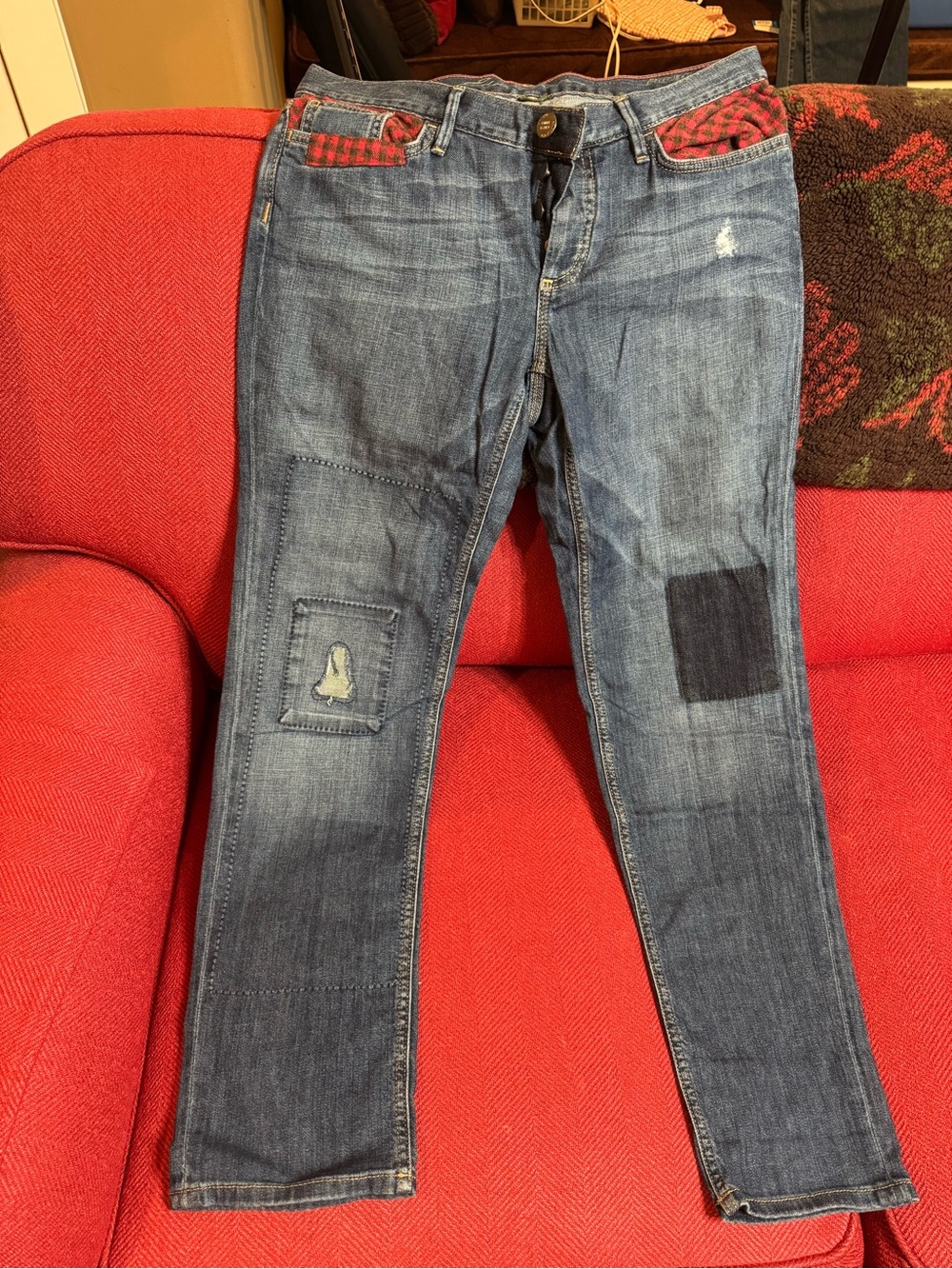 Eddie Bauer Blue Patchwork Boyfriend Jeans with Red Plaid Trim